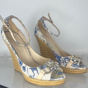 Blue and White Wedge Sandals